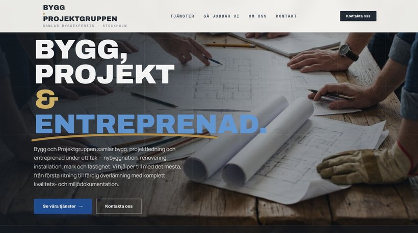 Hemsida för Bygg & Projektgruppen Stockholm AB – bygg, projektledning och entreprenad, byggd av AiM Studios